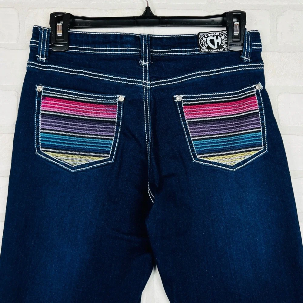 Dark Wash Girls' Flared Jeans with Pink Accent Stretch Denim